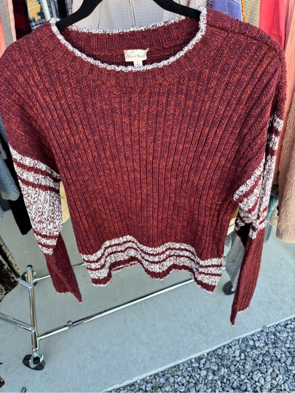 Hem & Thread Burgundy Crewneck Sweater with Cream Stripes